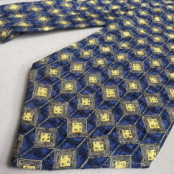 Ermenegildo Zegna Navy Blue 100% Silk w/ Yellow Gold Diamond Geometric Neck Tie - Picture 1 of 11